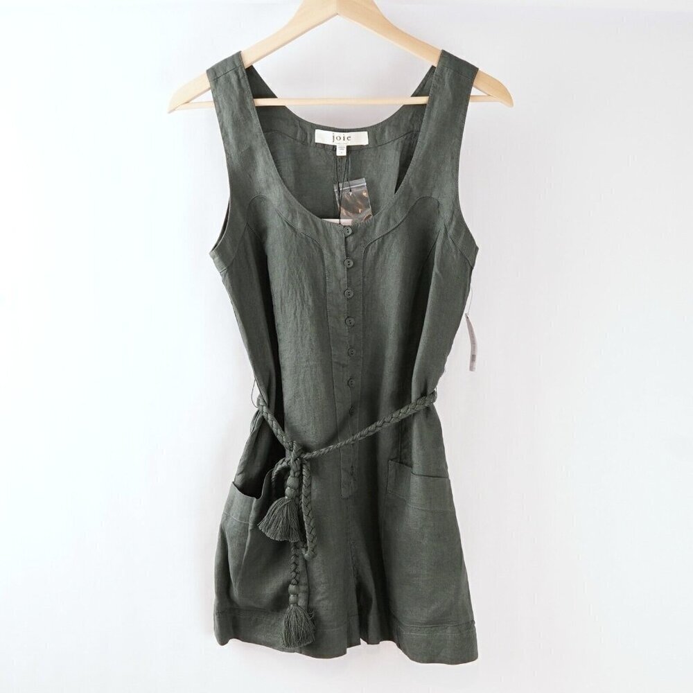 Joie Olive Green Sleeveless Linen Romper with Tassel Tie